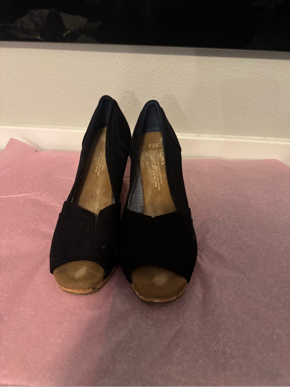 Toms Black Peep-Toe Wedge Pumps